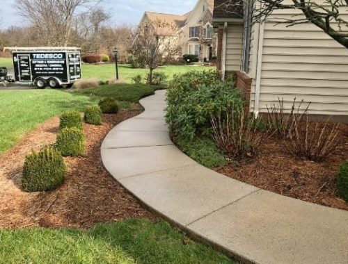Curved concrete sidewalk to a house, bordered by mulch, low boxwood shrubs, leafless bushes, lawn and a parked trailer nearby.