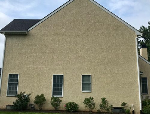 Beige stucco home exterior with three windows and dark roof. Green bushes line the foundation of the house, which has white trim and gutters.